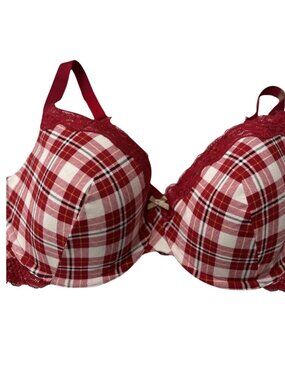Ambrielle Women’s 40DD Organic Cotton Demi Bra Red Taffy Plaid Underwire Padded